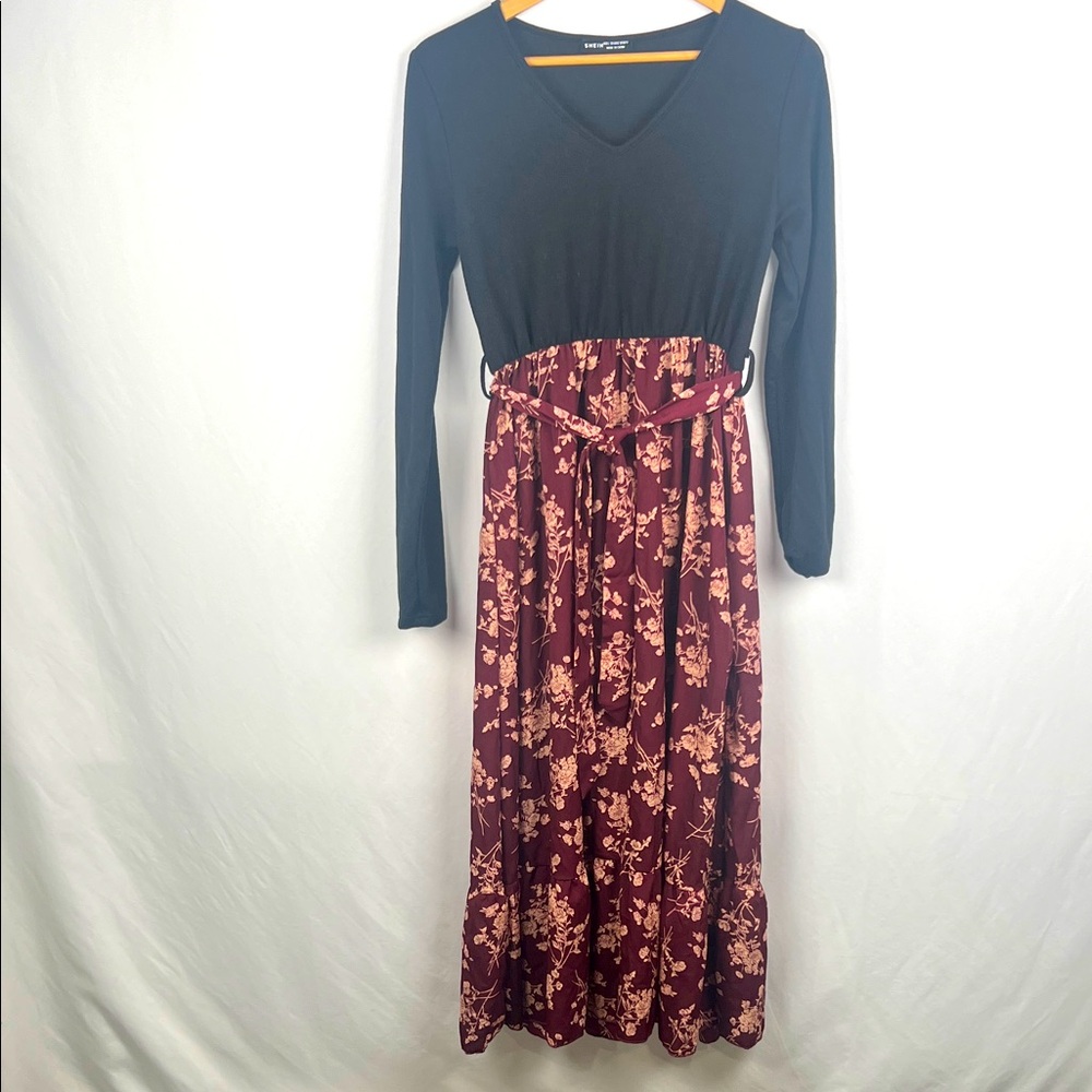 SHEIN Floral Black & Burgundy Maxi Dress Women’s Size 8/10 Tie Around Waist Long